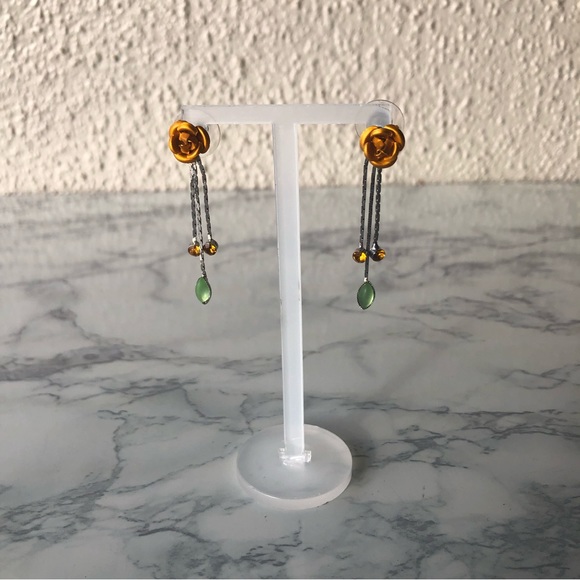 Rose dangle Earrings with 3 gem colored stones orange green yellow - Picture 1 of 2